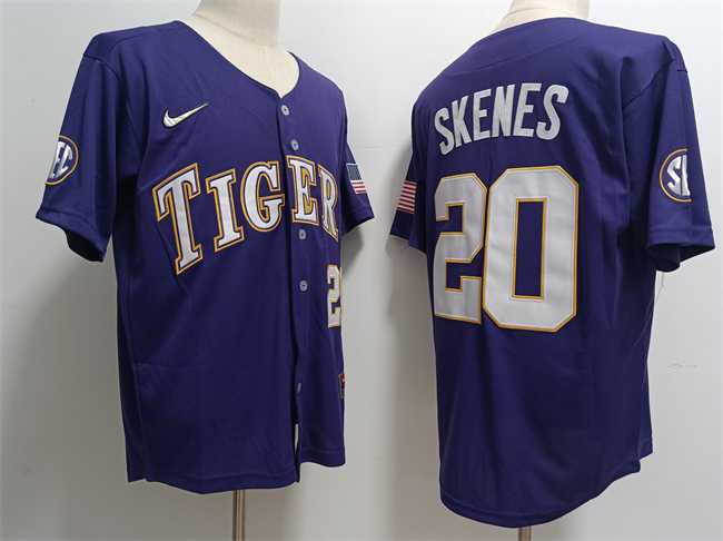 Men%27s LSU Tigers #20 Paul Skenes Purple Stitched Baseball Jersey Dzhi